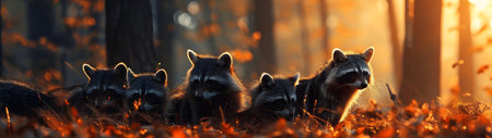 Racoon dog family in the forest with setting sun shining. Group of wild animals in nature. Horizontal, banner.の素材