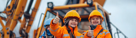 Group of children doing their dream job as Crane Operators at the construction site with crane in the background. Concept of Creativity, Happiness, Dream come true and Teamwork.の素材