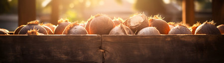 Coconuts harvested in a wooden box in a plantation with sunset. Natural organic fruit abundance. Agriculture, healthy and natural food concept.の素材