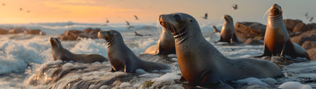 Sea lion family in the ocean water with setting sun shining. Group of wild animals in nature.の素材