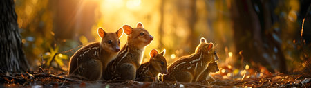 Quoll family in the forest with setting sun shining. Group of wild animals in nature. Horizontal, banner.の素材