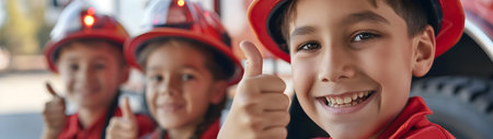 Group of children doing their dream job as Firemen standing next to the fire truck. Concept of Creativity, Happiness, Dream come true and Teamwork.の素材
