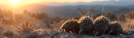 Echidna in the mountainous countryside with setting sun shining. Group of wild animals in nature. Horizontal, banner.の素材