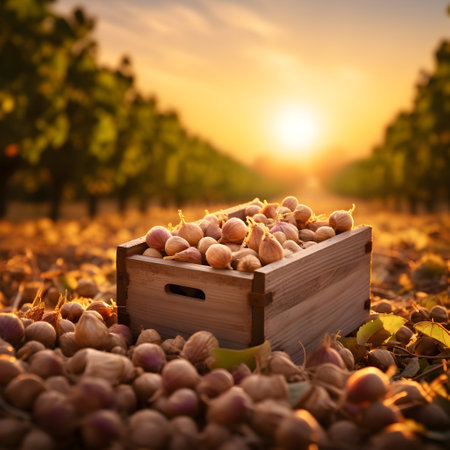 Hazelnuts harvested in a wooden box in a plantation with sunset. Natural organic fruit abundance. Agriculture, healthy and natural food concept. Square composition.の素材