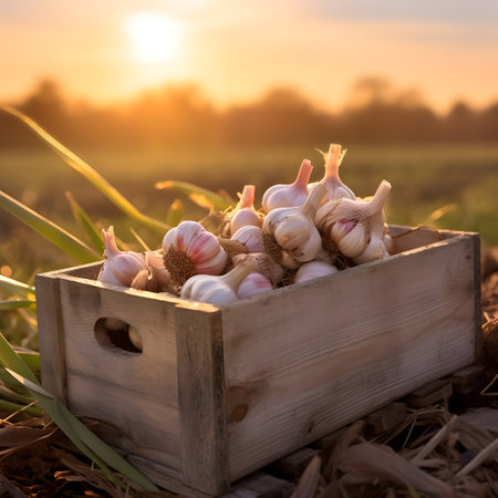Garlic harvested in a wooden box with field and sunset in the background. Natural organic fruit abundance. Agriculture, healthy and natural food concept. Square composition.の素材