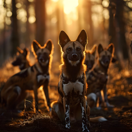 Wild dogs standing in the forest with setting sun shining. Group of wild animals in nature.の素材