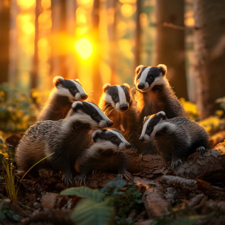 Badgers standing in the forest in the evening with setting sun shining. Group of wild animals in nature.の素材