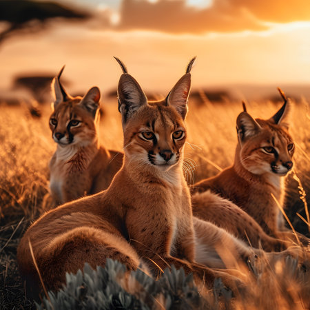 Caracal family in the savanna with setting sun shining. Group of wild animals in nature.の素材