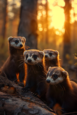 Polecat family in the forest with setting sun shining. Group of wild animals in nature.の素材