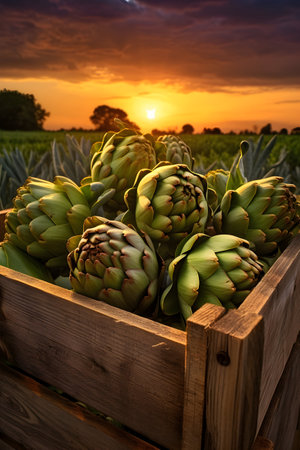 Artichokes harvested in a wooden box in artichoke field with sunset. Natural organic vegetable abundance. Agriculture, healthy and natural food concept.の素材