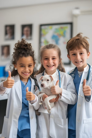 Group of children doing their dream job as Veterinarians at the office. Concept of Creativity, Happiness, Dream come true and Teamwork.の素材