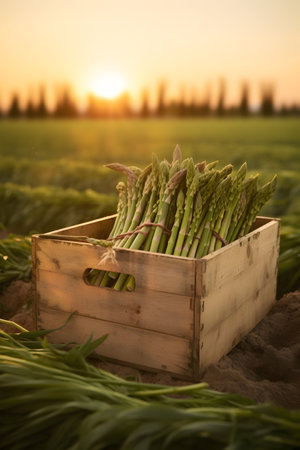 Asparagus harvested in a wooden box in a field with sunset. Natural organic vegetable abundance. Agriculture, healthy and natural food concept. Vertical composition.の素材