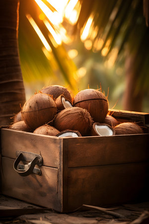 Coconuts harvested in a wooden box in a plantation with sunset. Natural organic fruit abundance. Agriculture, healthy and natural food concept. Vertical composition.の素材