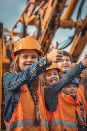 Group of children doing their dream job as Crane Operators at the construction site with crane in the background. Concept of Creativity, Happiness, Dream come true and Teamwork.の素材
