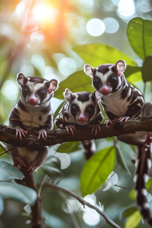 Sugar gliders in the forest with setting sun shining. Group of wild animals in nature.の素材