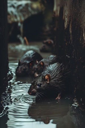 Rats looking from the tunnel of the sewers. Group of wild animals in nature.の素材