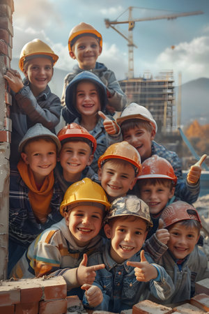 Group of children doing their dream job as Bricklayers at the construction site with building in the background. Concept of Creativity, Happiness, Dream come true and Teamwork.の素材