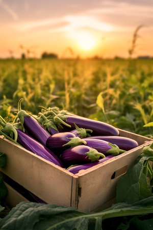 Eggplant harvested in a wooden box with field and sunset in the background. Natural organic fruit abundance. Agriculture, healthy and natural food concept. Vertical composition.の素材