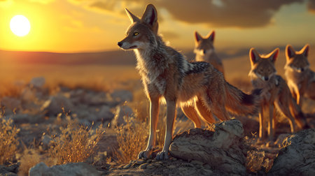 Jackal family standing in front of the camera in the rocky plains with setting sun. Group of wild animals in nature.の素材