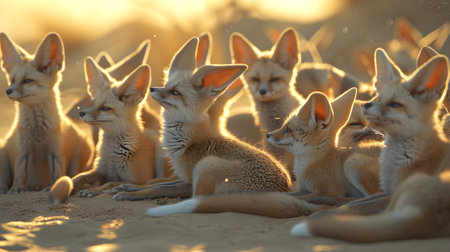 Fennec family sitting in the desert with setting sun shining. Group of wild animals in nature.の素材