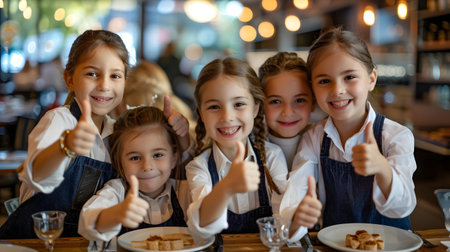 Group of children doing their dream job as Waitresses in the restaurant. Concept of Creativity, Happiness, Dream come true and Teamwork.の素材