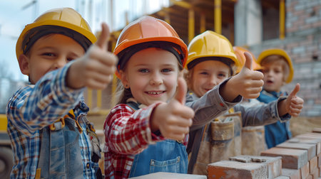 Group of children doing their dream job as Bricklayers at the construction site with building in the background. Concept of Creativity, Happiness, Dream come true and Teamwork.の素材