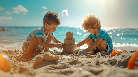 Children building a sand castle on the beach with sea, sky and sun shining in the background. Concept of happiness, creativity and enjoyment.の素材