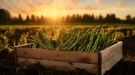 Asparagus harvested in a wooden box in a field with sunset. Natural organic vegetable abundance. Agriculture, healthy and natural food concept.の素材