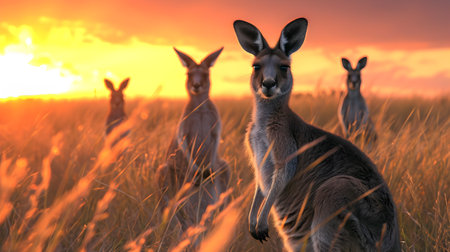 Kangaroo standing in the savanna with setting sun shining. Group of wild animals in nature.の素材