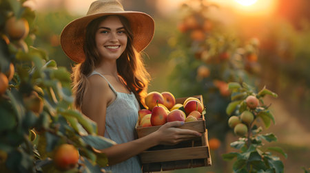 Beautiful young farmer woman holding a wooden box full of fresh fruits standing in the orchard with sunset. Concept of healthy lifestyle, local farming and beauty.の素材