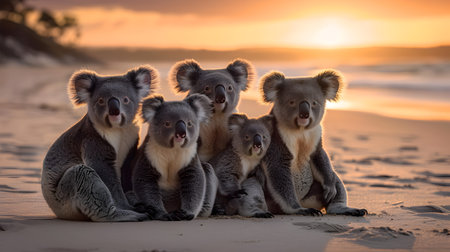 Koala bears in the sea coastal region with setting sun shining. Group of wild animals in nature.の素材