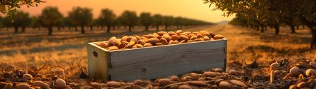 Almond nuts harvested in a wooden box in a plantation with sunset. Natural organic fruit abundance. Agriculture, healthy and natural food concept. Horizontal composition, banner.の素材