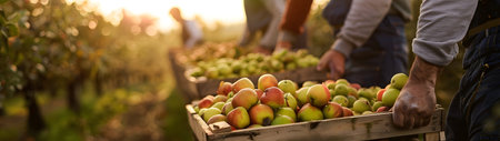 Group of farmers holding wooden boxes full of fresh fruits standing in the orchard with sunset. Concept of healthy lifestyle, local farming and sustainability.の素材