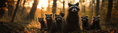 Racoon dog family in the forest with setting sun shining. Group of wild animals in nature. Horizontal, banner.の素材