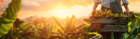 Beautiful young farmer woman holding a wooden box full of fresh banana fruits standing in the plantation with sunset. Concept of healthy lifestyle, local farming and beauty.の素材