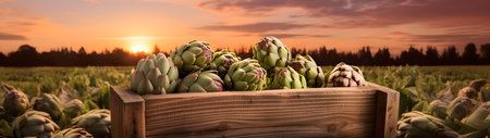 Artichokes harvested in a wooden box in artichoke field with sunset. Natural organic vegetable abundance. Agriculture, healthy and natural food concept.の素材