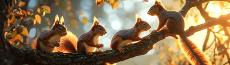 Squirrel family on the forest tree in the evening with sunset. Group of wild animals in nature. Horizontal, banner.の素材