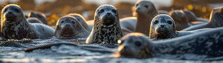 Seal family in the ocean water with setting sun shining. Group of wild animals in nature. Horizontal, banner.の素材