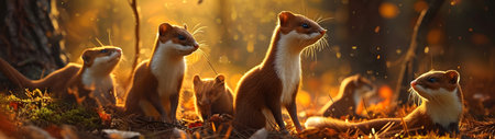 Weasel family in the forest with setting sun shining. Group of wild animals in nature. Horizontal, banner.の素材