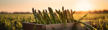 Asparagus harvested in a wooden box in a field with sunset. Natural organic vegetable abundance. Agriculture, healthy and natural food concept. Horizontal composition, banner.の素材