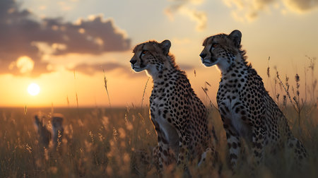 Cheetah standing in the savanna with setting sun shining. Group of wild animals in nature.の素材