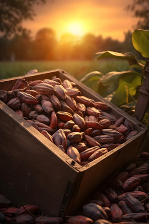 Cocoa beans harvested in a wooden box in a plantation with sunset. Natural organic fruit abundance. Agriculture, healthy and natural food concept. Vertical composition.の素材