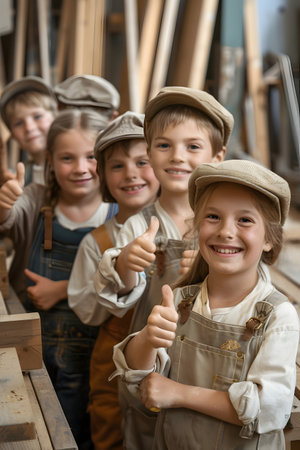 Group of children doing their dream job as Joiners standing in the joiners workshop. Concept of Creativity, Happiness, Dream come true and Teamwork.の素材