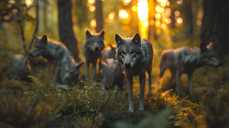 Wolf family in the forest with sunset. Group of wild animals in nature.の素材