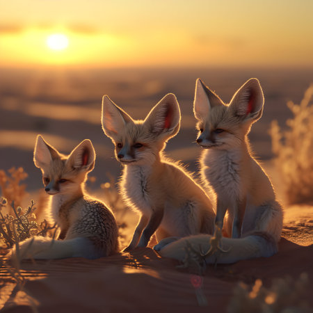 Fennec family sitting in the desert with setting sun shining. Group of wild animals in nature.の素材