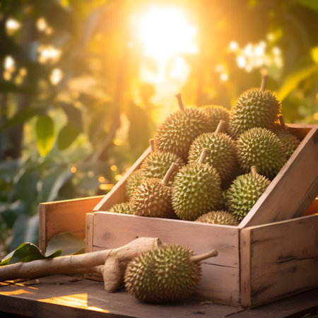 Durian fruit harvested in a wooden box in a plantation with sunset. Natural organic fruit abundance. Agriculture, healthy and natural food concept. Square composition.の素材