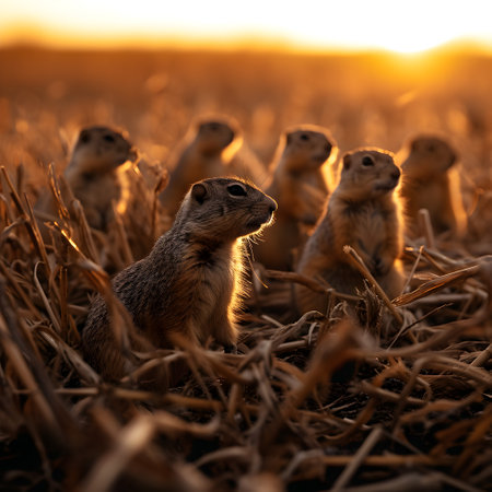 Ground squirrel family in the harvested field in summer evening with setting sun. Group of wild animals in nature.の素材
