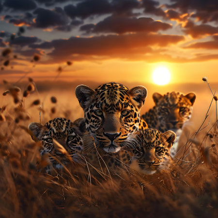 Leopards standing in the savanna with setting sun shining. Group of wild animals in nature.の素材