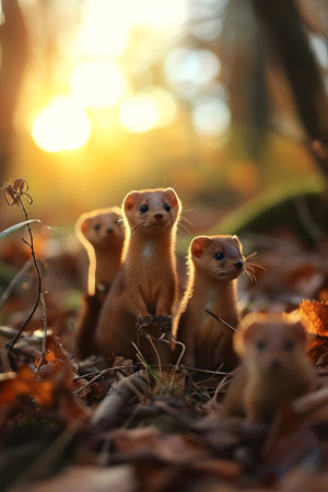 Weasel family in the forest with setting sun shining. Group of wild animals in nature.の素材