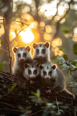 Opossum family in the forest with setting sun shining. Group of wild animals in nature.の素材